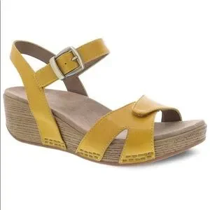 Dansko Laurie Yellow Leather Burnished Calf Wedge Ankle Strap Sandals size 38