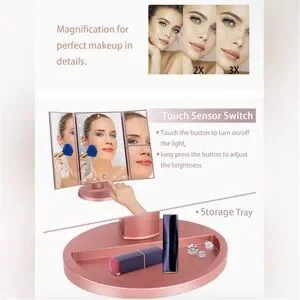 DeWeisn Trifold Lighted Vanity Mirror Makeup Cosmetic Dimmable Magnifying EUC