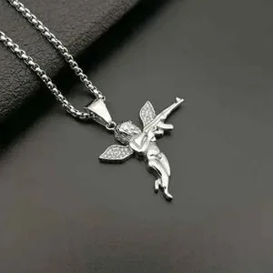 Diamond Angel Cherub Cupid AK47 Gun White Gold Plated Pendant Necklace