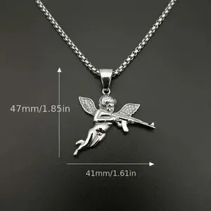 Diamond Angel Cherub Cupid AK47 Gun White Gold Plated Pendant Necklace