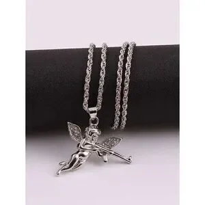 Diamond Angel Cherub Cupid AK47 Gun White Gold Plated Pendant Necklace