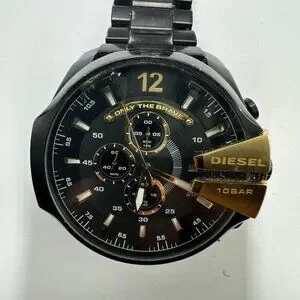 Diesel Mega Chief Watch Men Black Gold Tone Large Dial 53MM Missing Pin Working