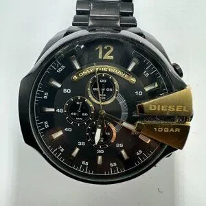 Diesel Mega Chief Watch Men Black Gold Tone Large Dial 53MM Missing Pin Working