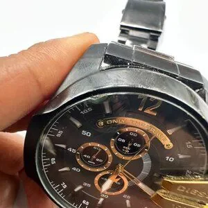 Diesel Mega Chief Watch Men Black Gold Tone Large Dial 53MM Missing Pin Working