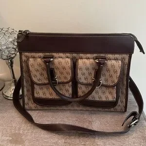 Dooney & Bourke Double Pocket Canvas Tote With Leather Trim- Tan/Brown