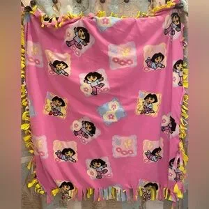 Dora The Explorer Boots VTG Tie Quilt Handmade Toddler Bed Blanket Pink 48/48