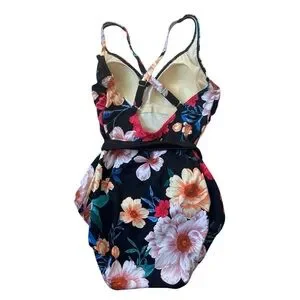 Dreamsuit By Miracle Brands Black Floral One Piece Belt Slimming Women’s 12 NWT