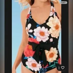 Dreamsuit By Miracle Brands Black Floral One Piece Belt Slimming Women’s 12 NWT