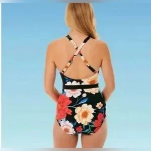 Dreamsuit By Miracle Brands Black Floral One Piece Belt Slimming Women’s 12 NWT