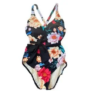 Dreamsuit By Miracle Brands Black Floral One Piece Belt Slimming Women’s 12 NWT