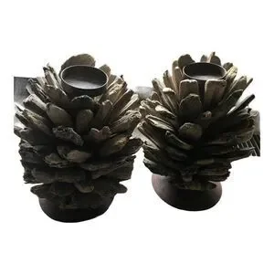 Driftwood Rustic Metal Base Candle Holder Set 2