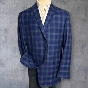 EC By Tom James Men's 48L Blue Windowpane Wool Blazer Sport Coat 2-Button Jacket