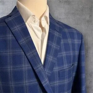 EC By Tom James Men's 48L Blue Windowpane Wool Blazer Sport Coat 2-Button Jacket