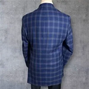 EC By Tom James Men's 48L Blue Windowpane Wool Blazer Sport Coat 2-Button Jacket
