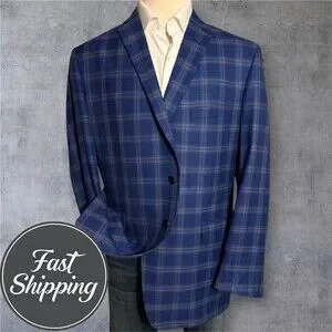 EC by Tom James Men's 48L Blue Windowpane Wool Blazer Sport Coat 2-Button Jacket