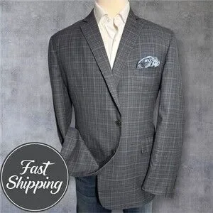 EC by Tom James Men's 48L Gray Windowpane Wool Blazer Sport Coat 2-Button Jacket