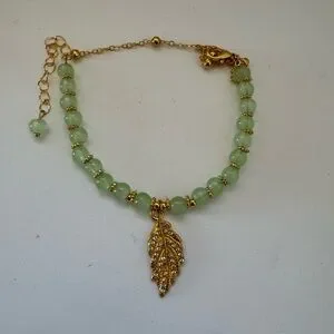 Elegant Gold And Green Jade Beaded Leaf Bracelet. New