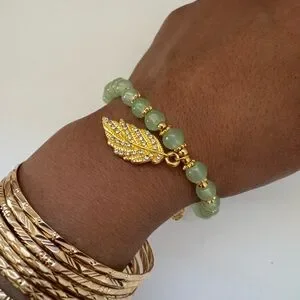 Elegant Gold And Green Jade Beaded Leaf Bracelet. New