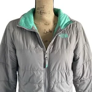 EUC  The North Face Gray Teal Mock Turtle Zip Up Puffer Jacket - Girls XL/Women’