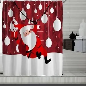 Fabric Shower Curtain Santa Christmas Holiday Ornaments Snow Trees