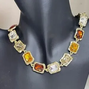 Fall Necklace Topaz Amber Clear Rhinestone Gold Tone Chunky Chain Jewelry O02
