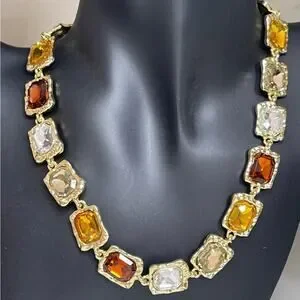 Fall Necklace Topaz Amber Clear Rhinestone Gold Tone Chunky Chain Jewelry O02