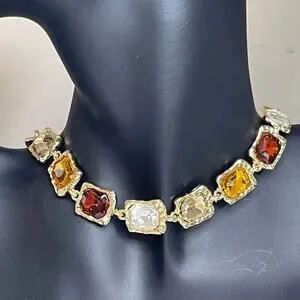 Fall Necklace Topaz Amber Clear Rhinestone Gold Tone Chunky Chain Jewelry O02