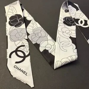 Fashion Scarf Twilly Black White Multicolored Print Polyester Silk Blend