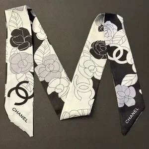 Fashion Scarf Twilly Black White Multicolored Print Polyester Silk Blend