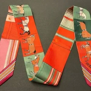 Fashion Scarf Twilly Green Orange Horses Multicolored Print