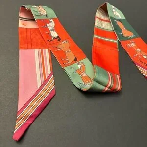 Fashion Scarf Twilly Green Orange Horses Multicolored Print