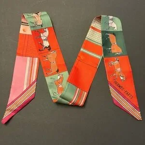 Fashion Scarf Twilly Green Orange Horses Multicolored Print