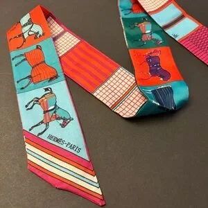 Fashion Scarf Twilly Orange Horses Multicolored Print