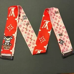 Fashion Scarf Twilly Red Multicolored Print Polyester Silk Blend