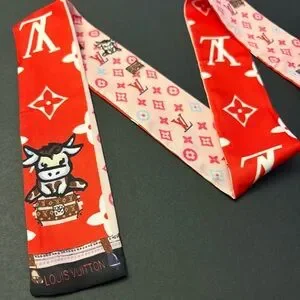 Fashion Scarf Twilly Red Multicolored Print Polyester Silk Blend