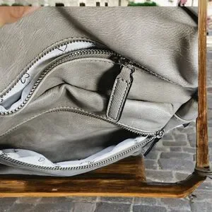 Faux Leather Gray Backpack Blue And White Belt Straps Travel Work Unisex READ