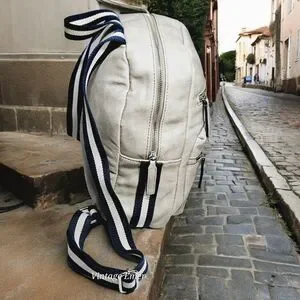 Faux Leather Gray Backpack Blue And White Belt Straps Travel Work Unisex READ