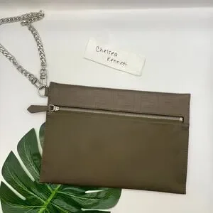 Fendi Zucca Monogram Clutch Bag Pouch Nylon Leather Khaki Brown Purse