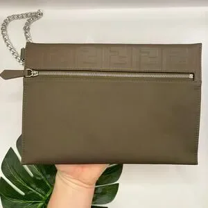 Fendi Zucca Monogram Clutch Bag Pouch Nylon Leather Khaki Brown Purse