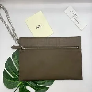 Fendi Zucca Monogram Clutch bag Pouch Nylon Leather khaki Brown Purse