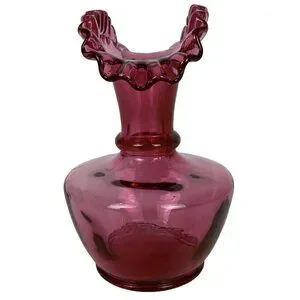 Fenton Cranberry Art Glass Vase Ruffled Fluted Top Artist Signed Vintage 1994