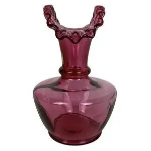 Fenton Cranberry Art Glass Vase Ruffled Fluted Top Artist Signed Vintage 1994