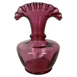 Fenton Cranberry Art Glass Vase Ruffled Fluted Top Artist Signed Vintage 1994