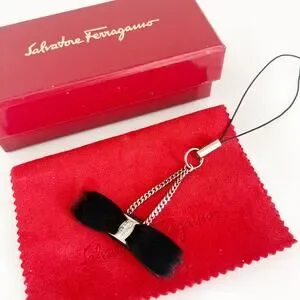 FERRAGAMO Vara Bow Metal Chain Cell Phone Strap Charm Black Leather Fur