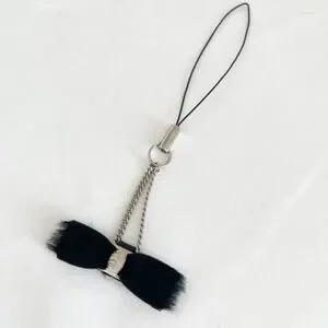 FERRAGAMO Vara Bow Metal Chain Cell Phone Strap Charm Black Leather Fur