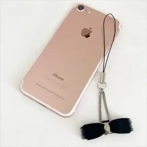 FERRAGAMO Vara Bow Metal Chain Cell Phone Strap Charm Black Leather Fur