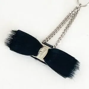 FERRAGAMO Vara Bow Metal Chain Cell Phone Strap Charm Black Leather Fur