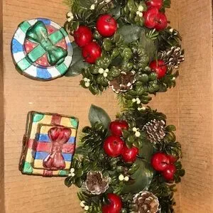 Festive Red and Green Holiday Wreath candle holder set plus 2- present candles