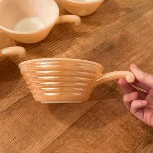 Fire King Set Of Five Peach Lustre Ribbed Beehive Design Bowls With Handle