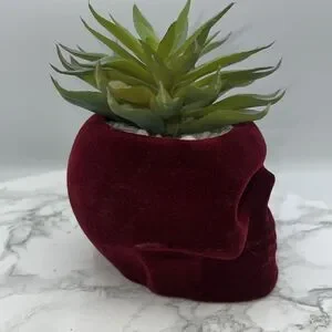 FLORA BUNDA Flocked Velvet Skull Planter With Artificial Succulent